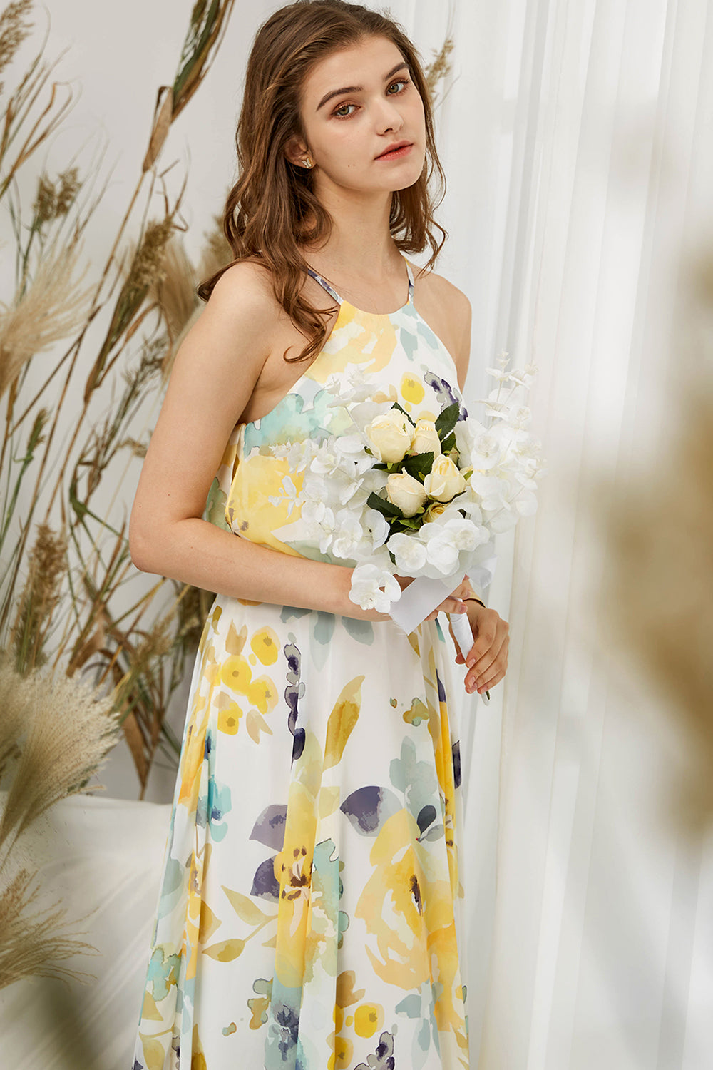 Neckholder-O-Ausschnitt, Chiffon-Print, gelbes, bodenlanges, formelles Abendkleid mit Blumenmuster