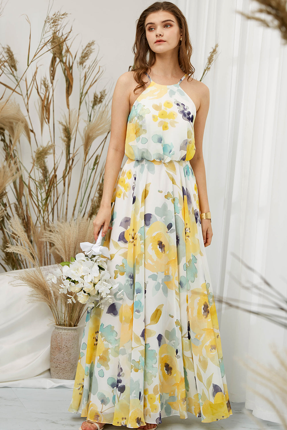 Halter O Neck Chiffon Print Floral Yellow Formal Gown