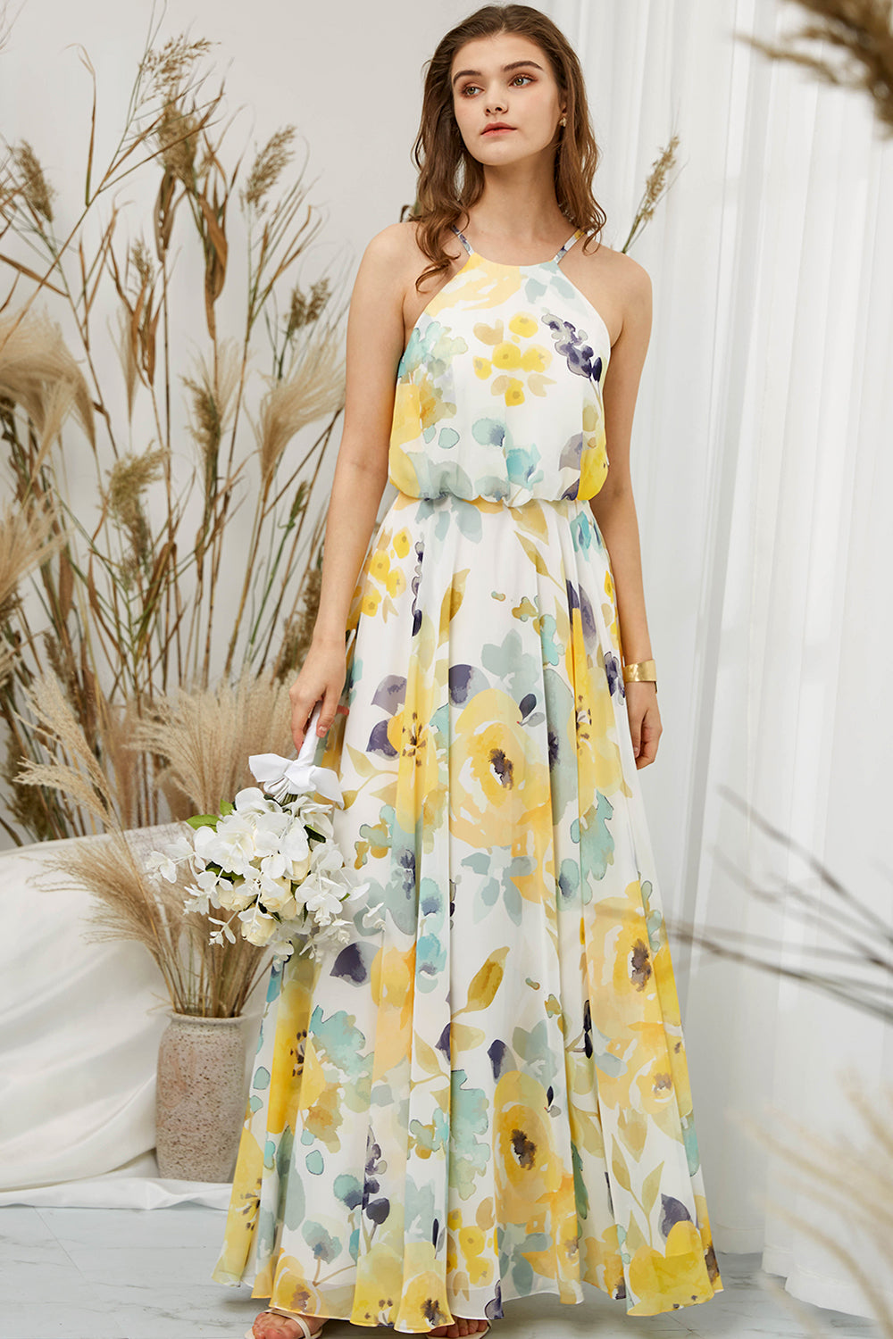 yellow chiffon dress MissJophiel Women Halter O Neck Chiffon Print Floral Yellow Floor Length Formal Evening Gown Other / Above Knee / US10