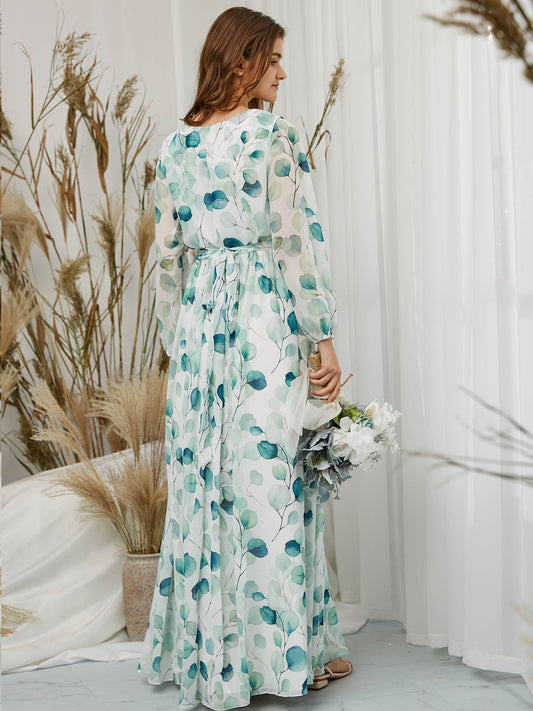MissJophiel Puff Long Sleeves V Neck Chiffon Print Floral Sage Floor Length Formal Evening Gown