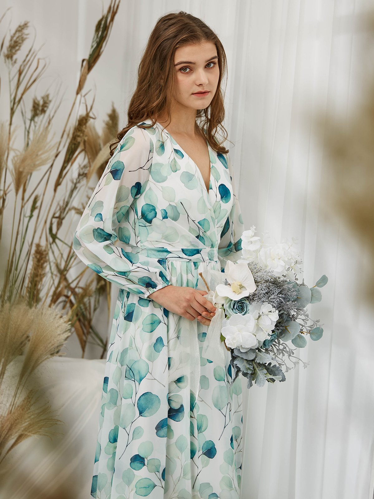 Puff Long Sleeves V-Ausschnitt Chiffon-Print Floral Salbei bodenlangen formellen Abendkleid