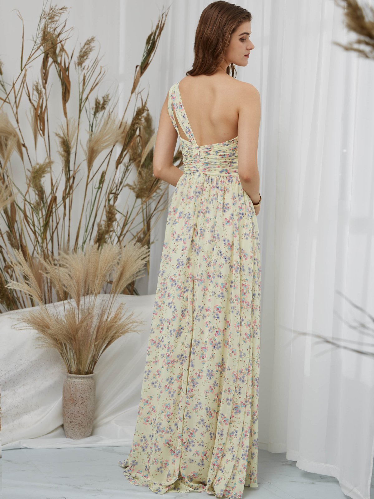 MissJophiel One Shoulder Chiffon Print Floral Daffodil Floor Length Formal Evening Gown
