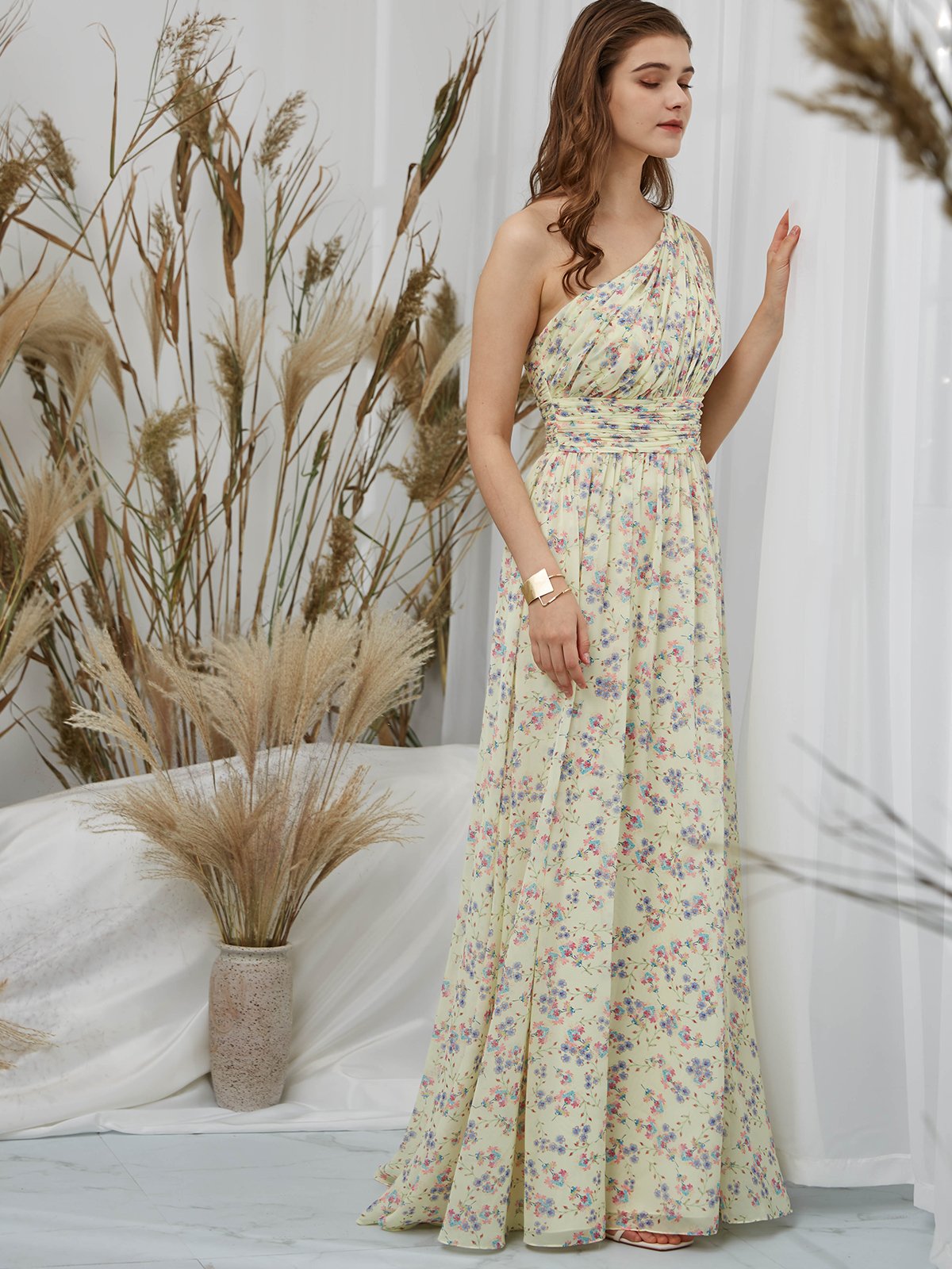 One Shoulder Chiffon Print Floral Daffodil Floor Length Formal Evening Gown