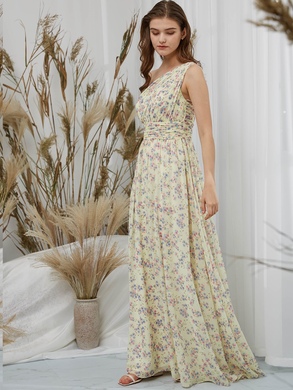 One Shoulder Chiffon Print Floral Daffodil Floor Length Formal Evening Gown