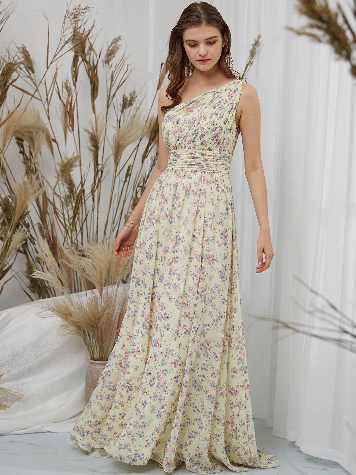 MissJophiel One Shoulder Chiffon Print Floral Daffodil Floor Length Formal Evening Gown