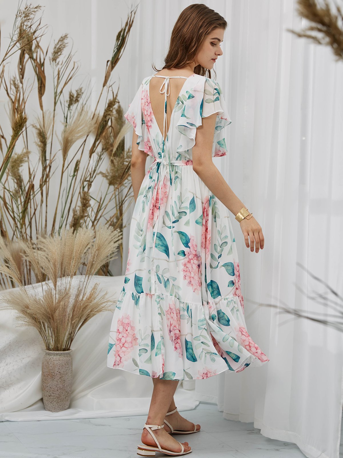 MissJophiel Scollop Sleeves Chiffon V Neck Print Floral Tea Length Formal Evening Gown