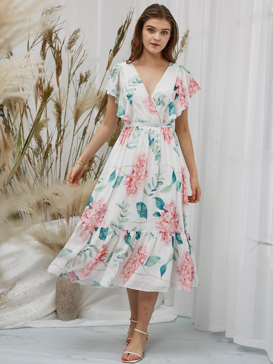 MissJophiel Scollop Sleeves Chiffon V Neck Print Floral Tea Length Formal Evening Gown