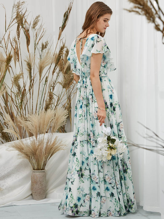 MissJophiel Scollop Sleeves Chiffon V Neck Print Floral Sage Floor Length Formal Evening Gown