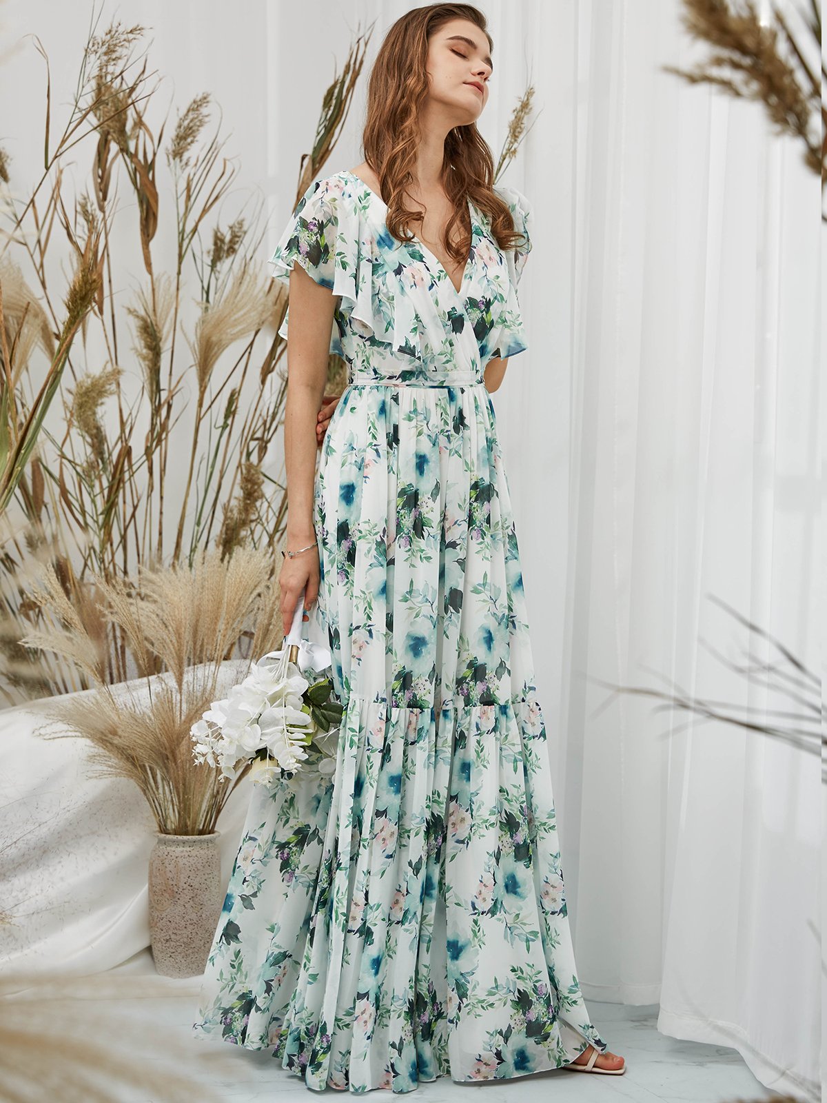 Scollop Sleeves Chiffon V Neck Print Floral Sage Floor Length Formal Evening Gown