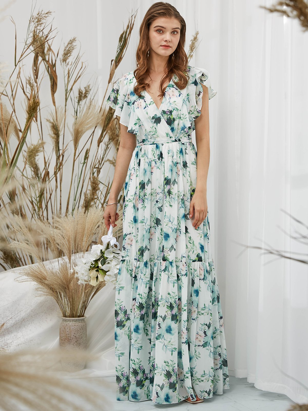 MissJophiel Scollop Sleeves Chiffon V Neck Print Floral Sage Floor Length Formal Evening Gown