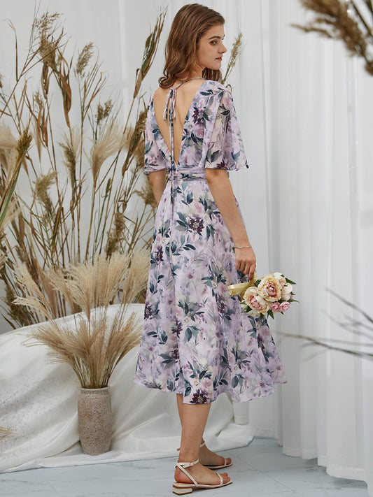 MissJophiel Short Sleeves Chiffon V Neck Print Floral Wisteria Midi Tea Length Formal Evening Gown