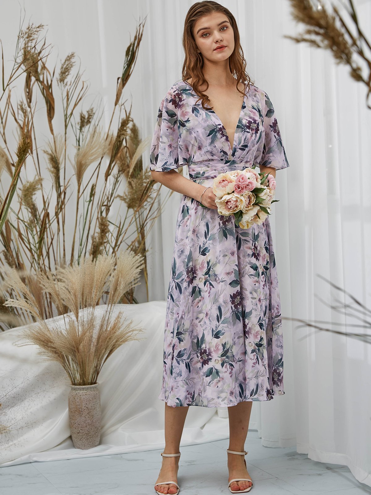 Short Sleeves Chiffon V Neck Print Floral Wisteria Midi Tea Length Formal Evening Gown