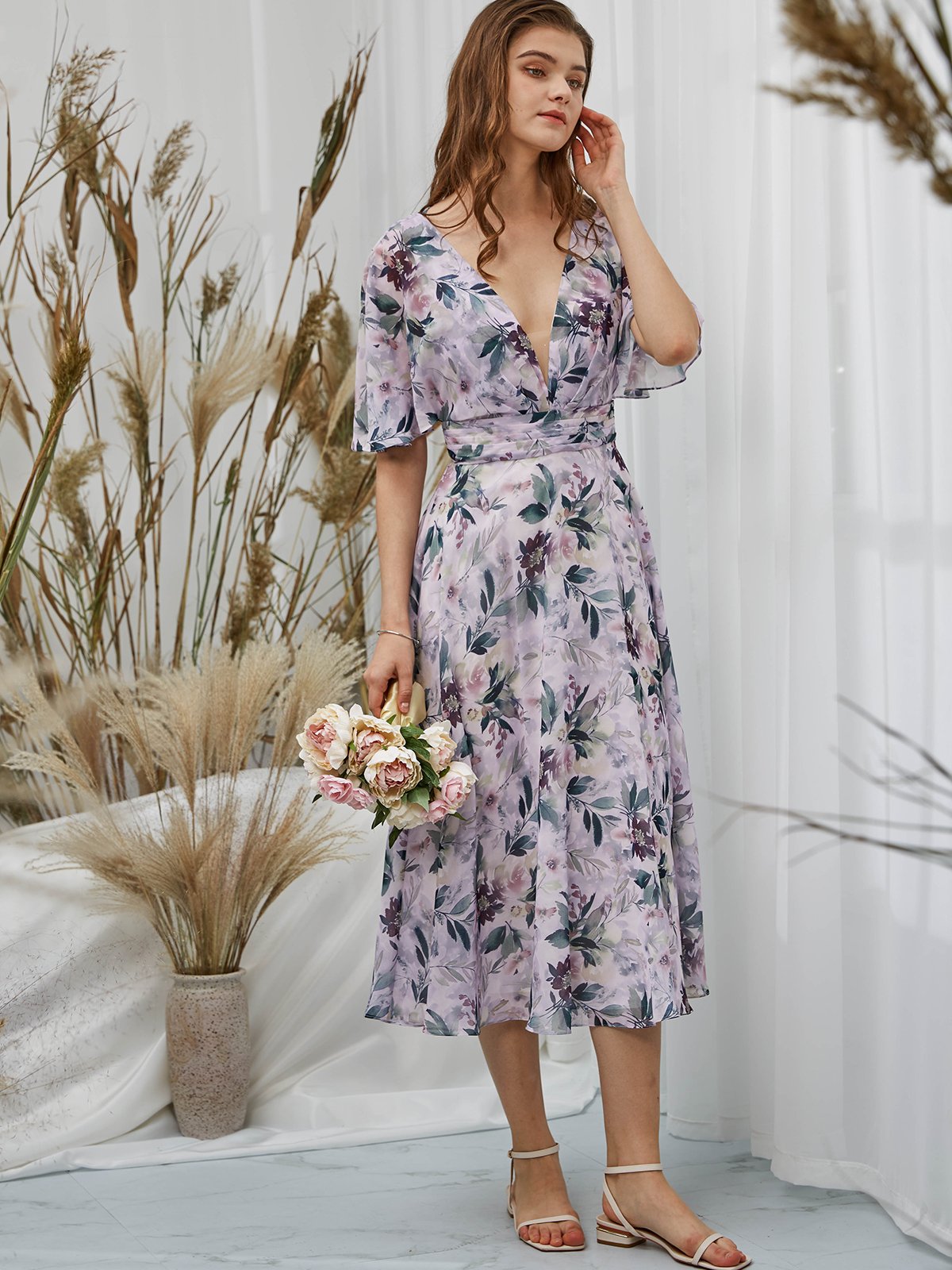 MissJophiel Women Short Sleeves Chiffon V Neck Print Floral Wisteria Midi Tea Length Formal Evening Gown Wisteria / Floor Length / US24W