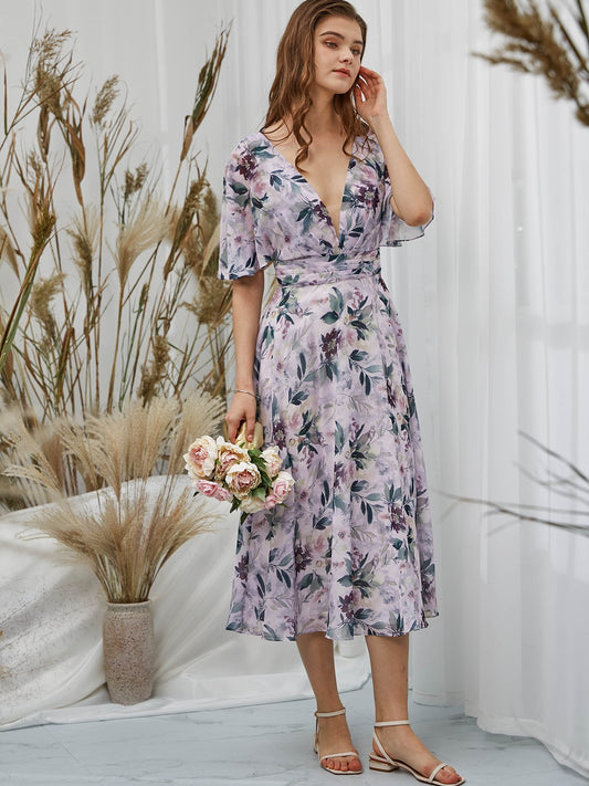 MissJophiel Short Sleeves Chiffon V Neck Print Floral Wisteria Midi Tea Length Formal Evening Gown