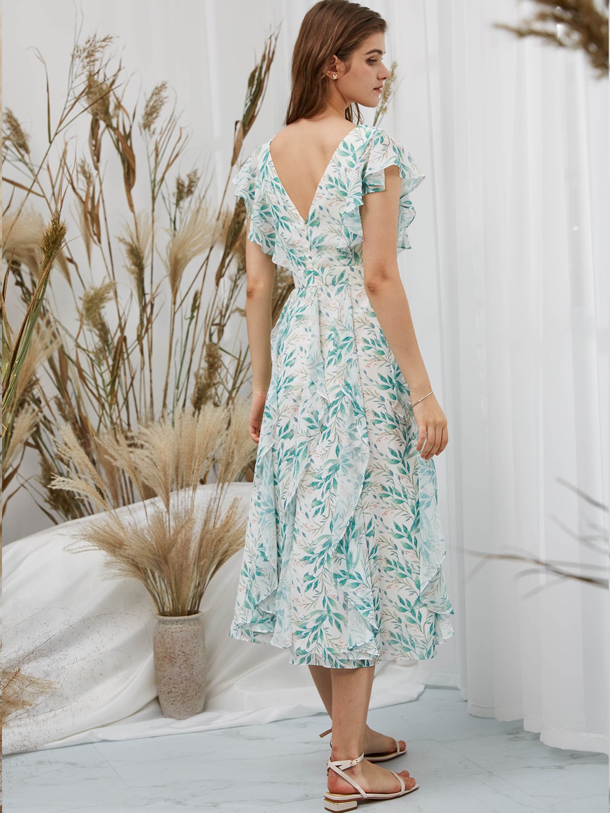 MissJophiel Scollop Sleeves Chiffon V Neck Print Floral Midi Tea Length Formal Evening Gown