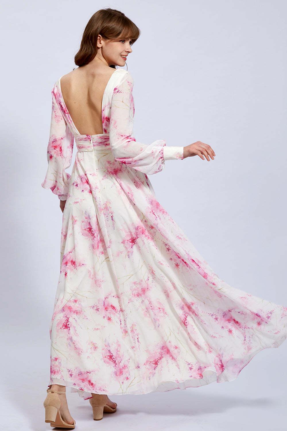 MissJophiel Long Sleeves V Neck Floral Chiffon Pink Maxi Dress Formal Evening Gown Other / Tea Length / US18W MissJophiel Long Sleeves V Neck Floral Chiffon Pink Maxi Dress Formal Evening Gown Other / Tea Length / US18W
