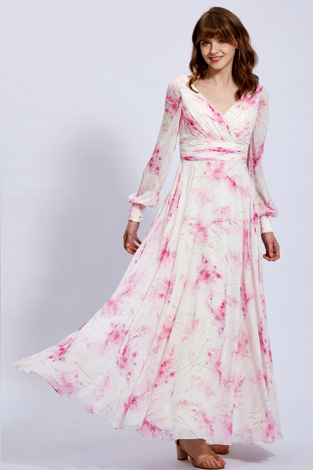 Long Sleeves V Neck Floral Chiffon Pink Formal Evening Gown