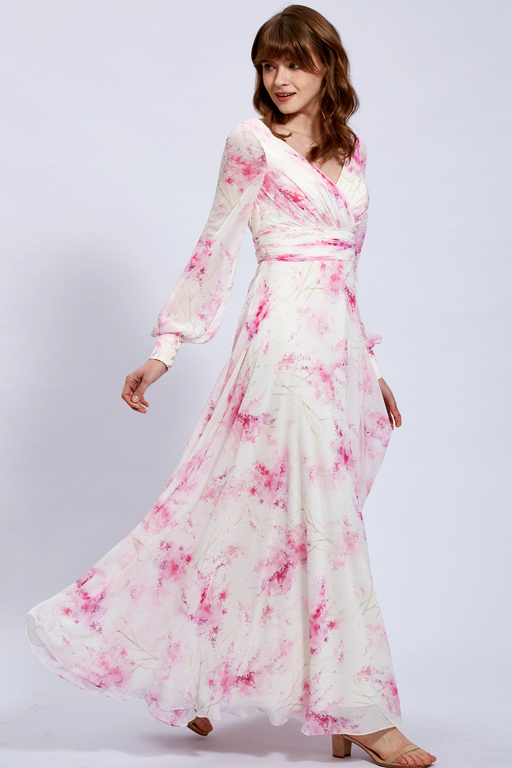 MissJophiel Long Sleeves V Neck Floral Chiffon Pink Maxi Dress Formal Evening Gown Other / Tea Length / US18W MissJophiel Long Sleeves V Neck Floral Chiffon Pink Maxi Dress Formal Evening Gown Other / Tea Length / US18W