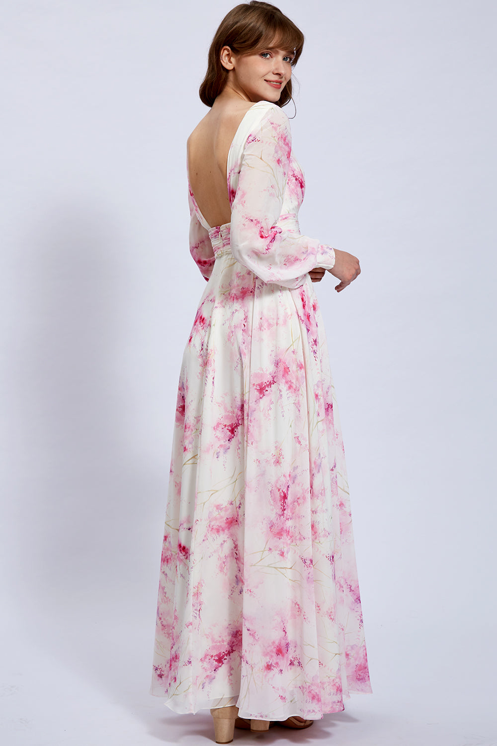 Long Sleeves V Neck Floral Chiffon Pink Formal Evening Gown