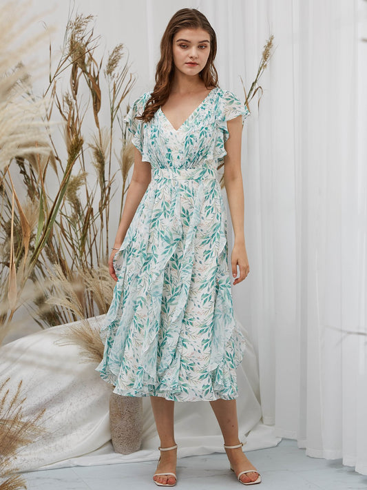 MissJophiel Scollop Sleeves Chiffon V Neck Print Floral Midi Tea Length Formal Evening Gown