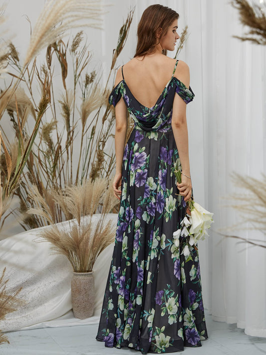 MissJophiel Straps Off the Shoulder Chiffon V Neck Black Print Floral Floor Length Formal Evening Gown