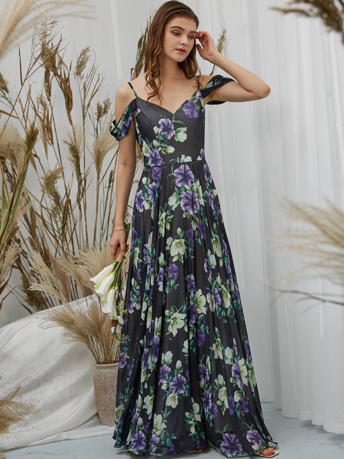 Straps Off the Shoulder Chiffon V Neck Black Print Floral Floor Length Formal Evening Gown