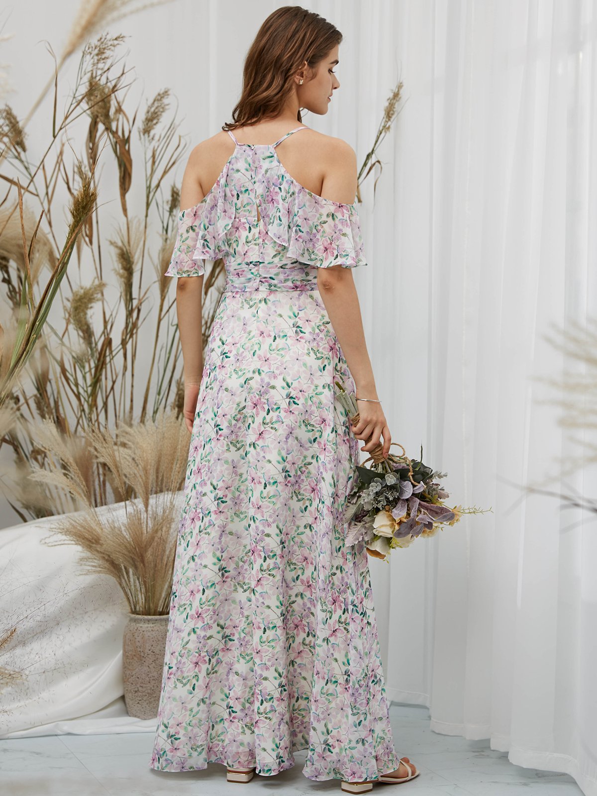 MissJophiel Straps Off the Shoulder Chiffon V Neck Print Floral Floor Length Formal Evening Gown