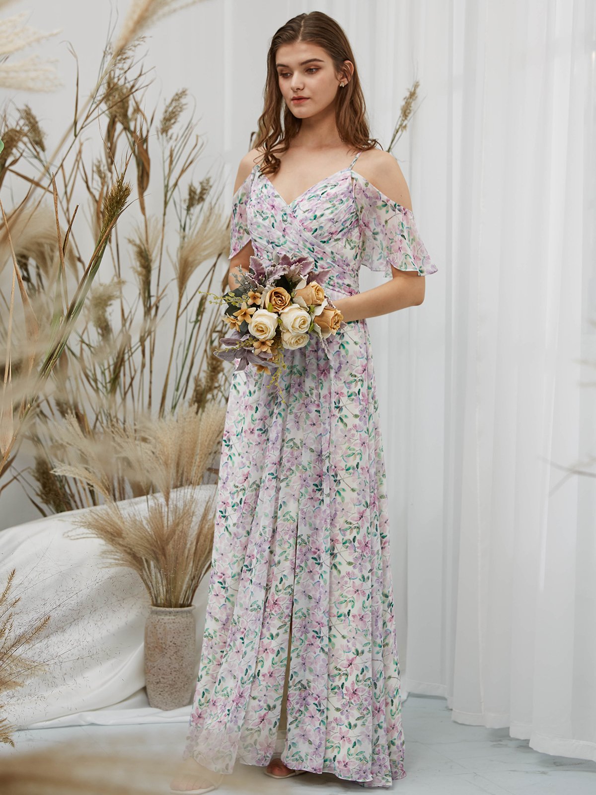 Straps Off the Shoulder Chiffon V Neck Print Floral Floor Length Formal Evening Gown