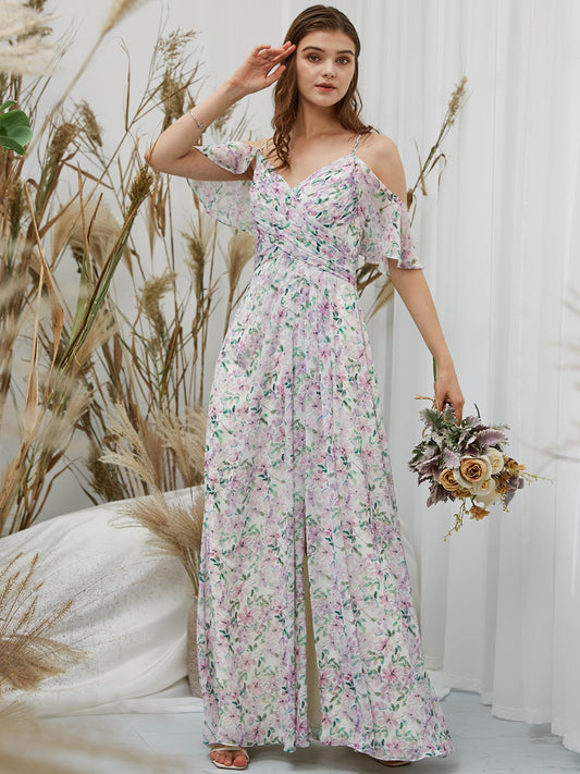 MissJophiel Straps Off the Shoulder Chiffon V Neck Print Floral Floor Length Formal Evening Gown