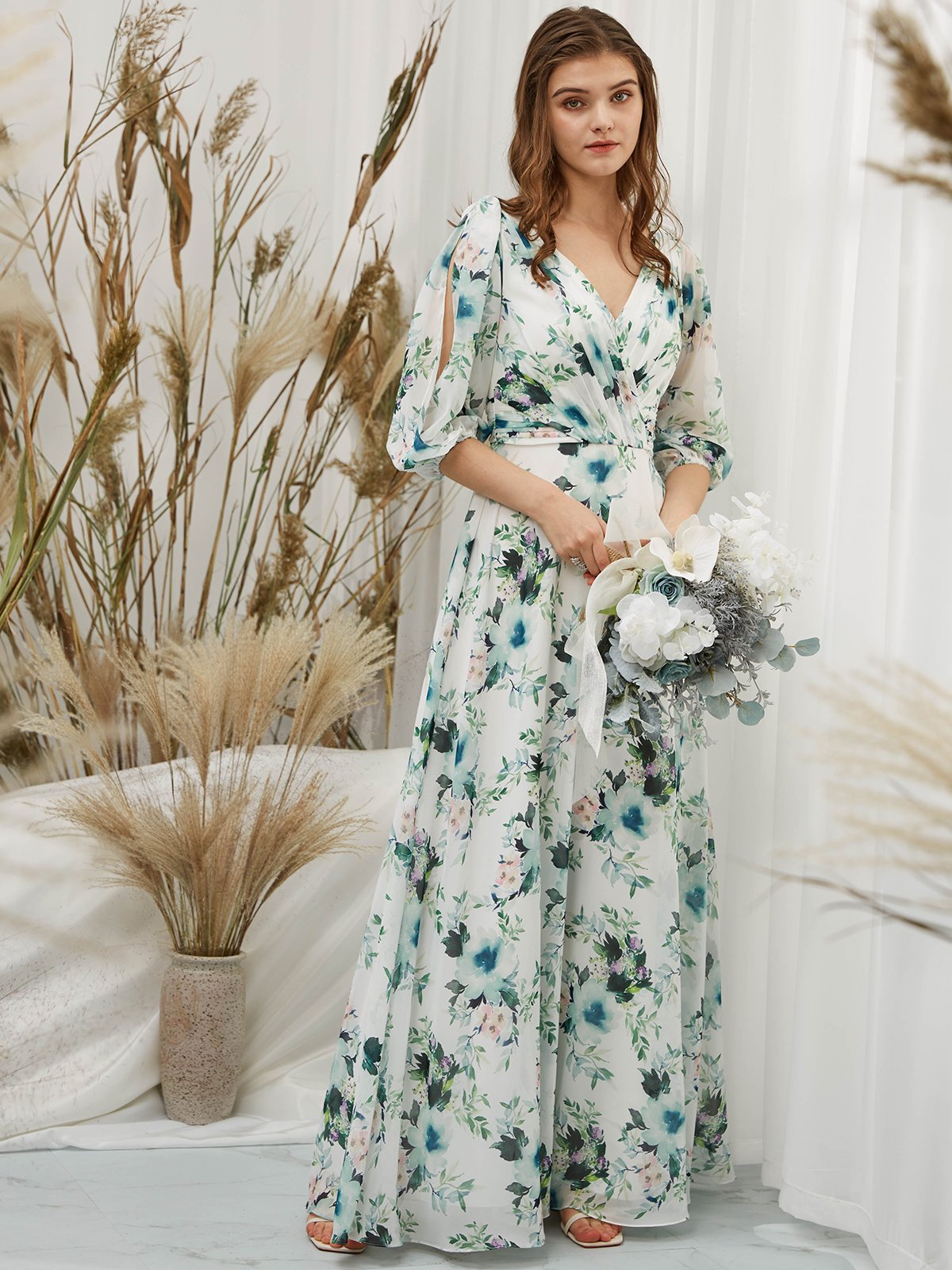 Puff Sleeves Chiffon V Neck Print Floral Sage Floor Length Formal Evening Gown