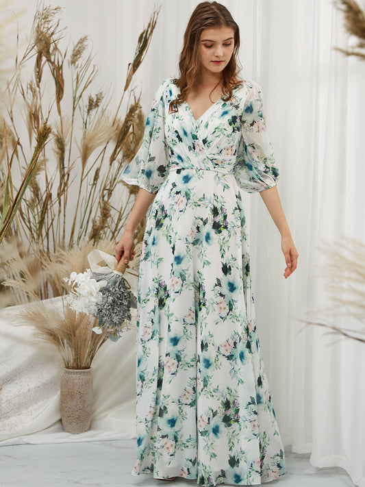 MissJophiel Puff Sleeves Chiffon V Neck Print Floral Sage Floor Length Formal Evening Gown