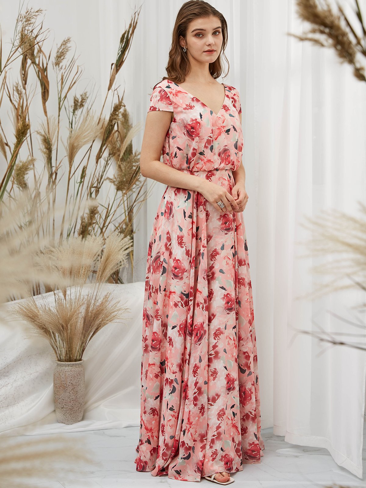 Cap Sleeves Chiffon V Neck Print Floral Red Floor Length Formal Evening Gown
