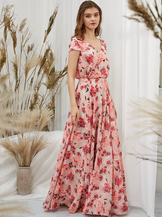 MissJophiel Cap Sleeves Chiffon V Neck Print Floral Red Floor Length Formal Evening Gown