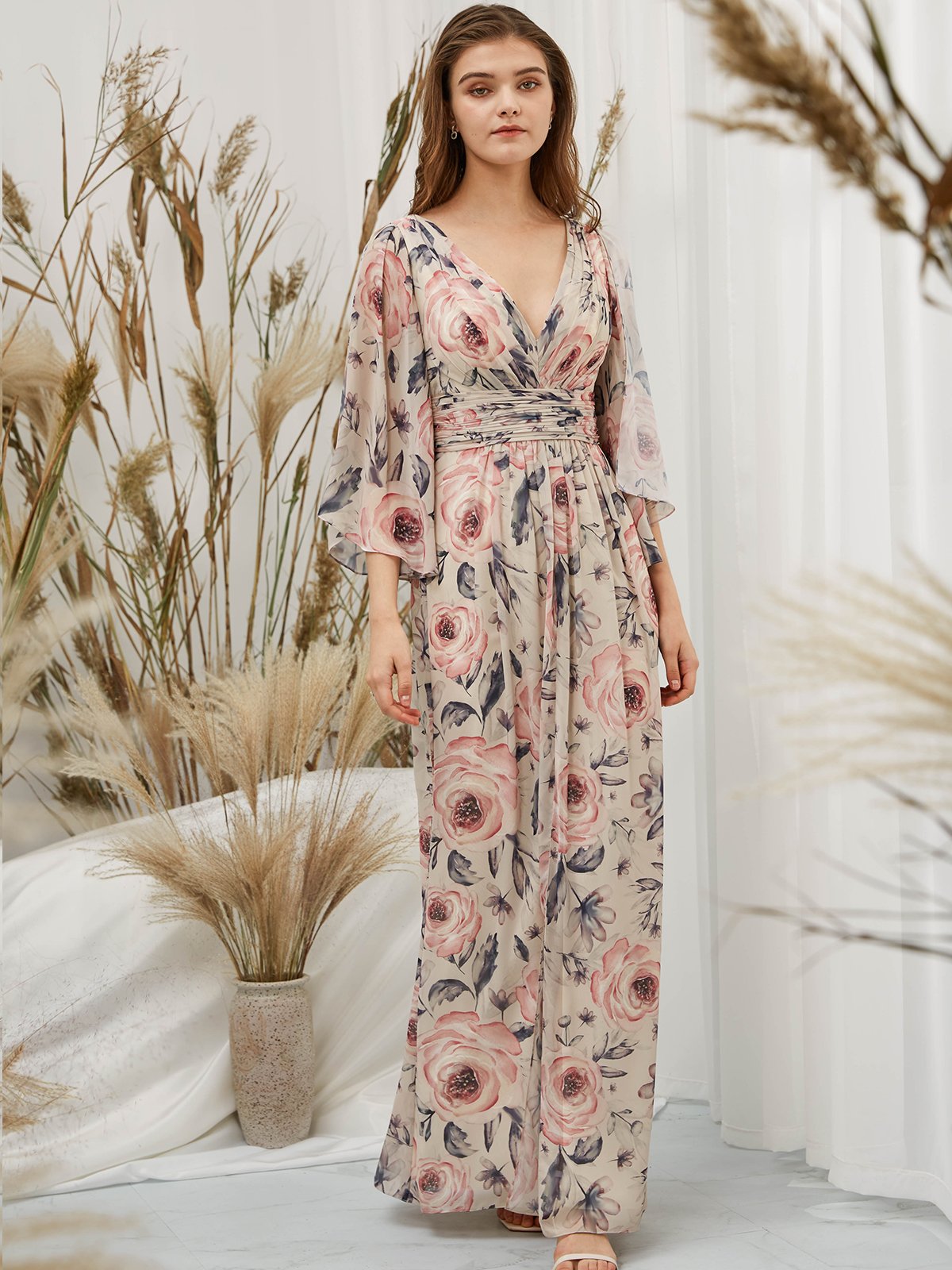 Long Sleeves Chiffon V Neck Print Floral Khaki Floor Length Formal Evening Gown