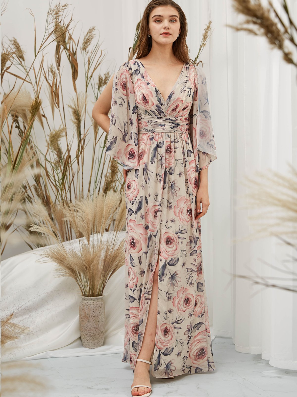 Long Sleeves Chiffon V Neck Print Floral Khaki Floor Length Formal Evening Gown