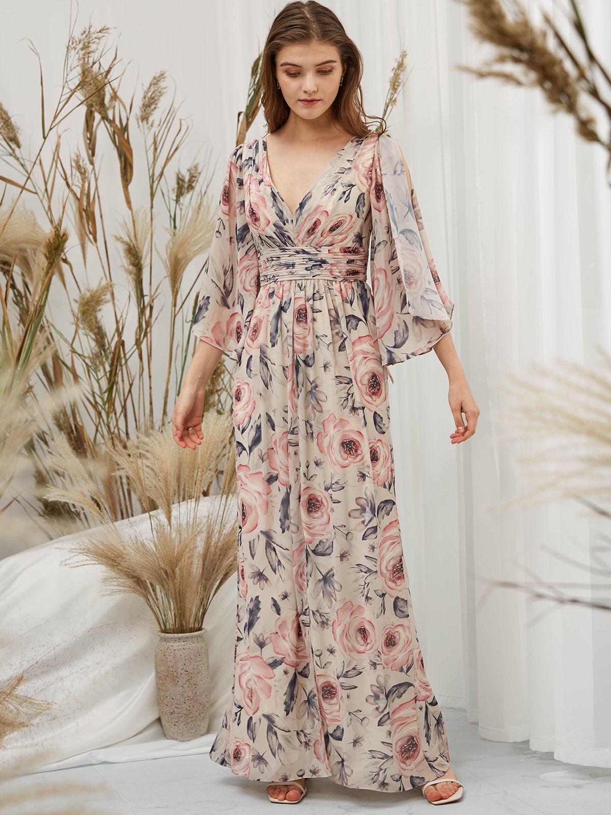 MissJophiel Long Sleeves Chiffon V Neck Print Floral Khaki Floor Length Formal Evening Gown