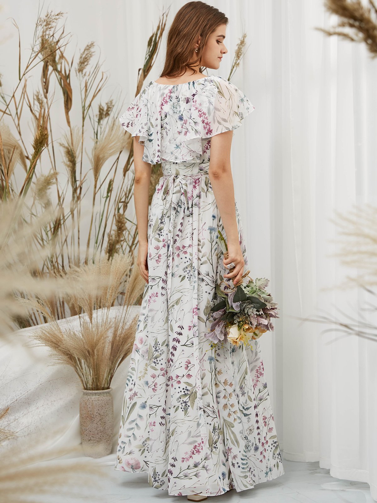 MissJophiel Cap Sleeves Chiffon V Neck Print Floral Ivory Floor Length Formal Evening Gown
