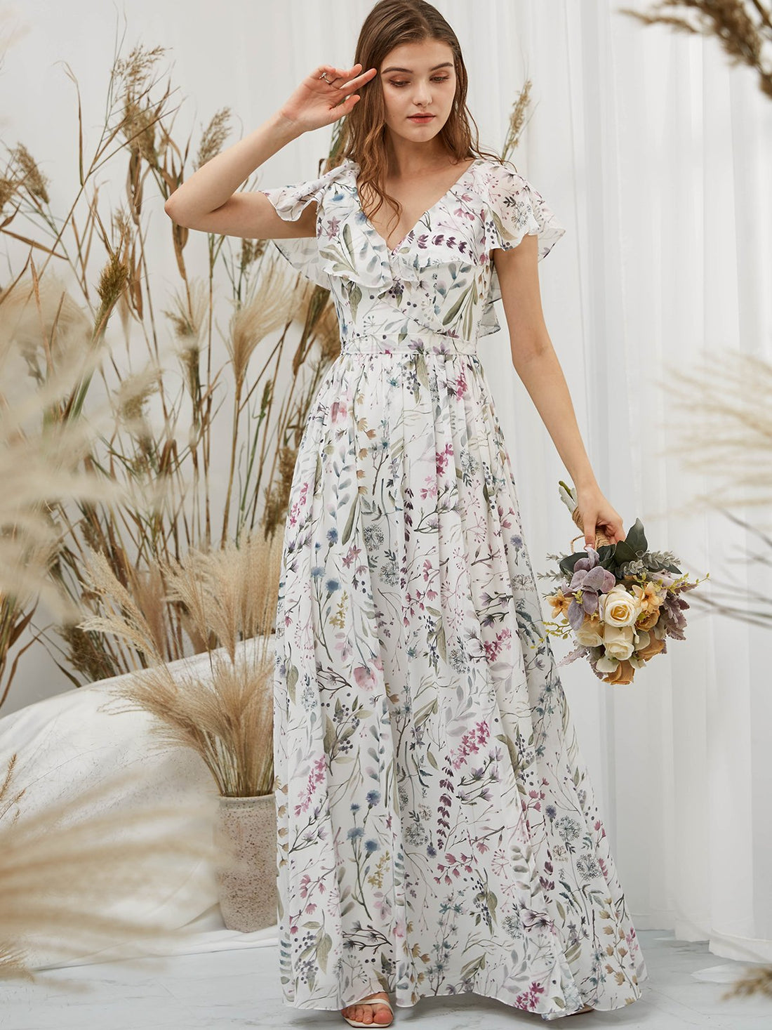 Long Lace Cap Sleeves Chiffon Gown with V Neck Mulberry