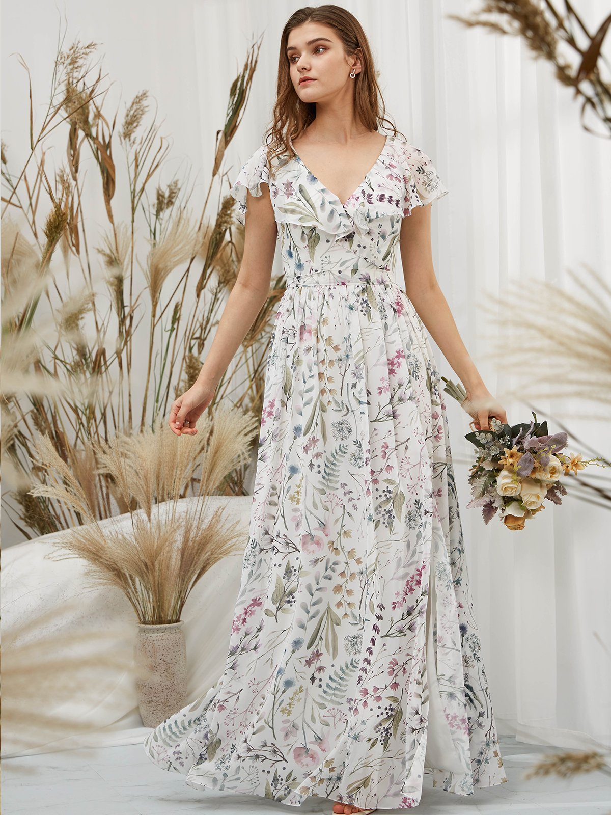 MissJophiel Cap Sleeves Chiffon V Neck Print Floral Ivory Floor Length Formal Evening Gown