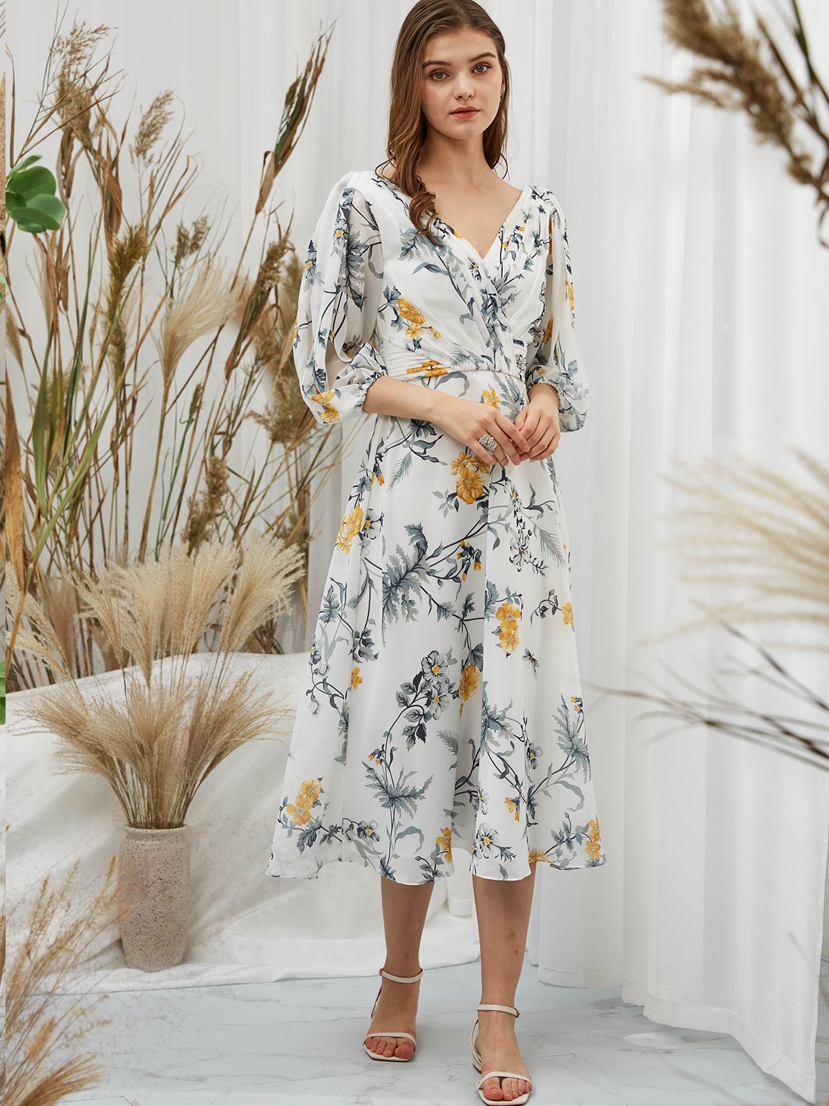 Short Puff Sleeves Chiffon V Neck Print Floral Ivory Tea Length Formal Dress