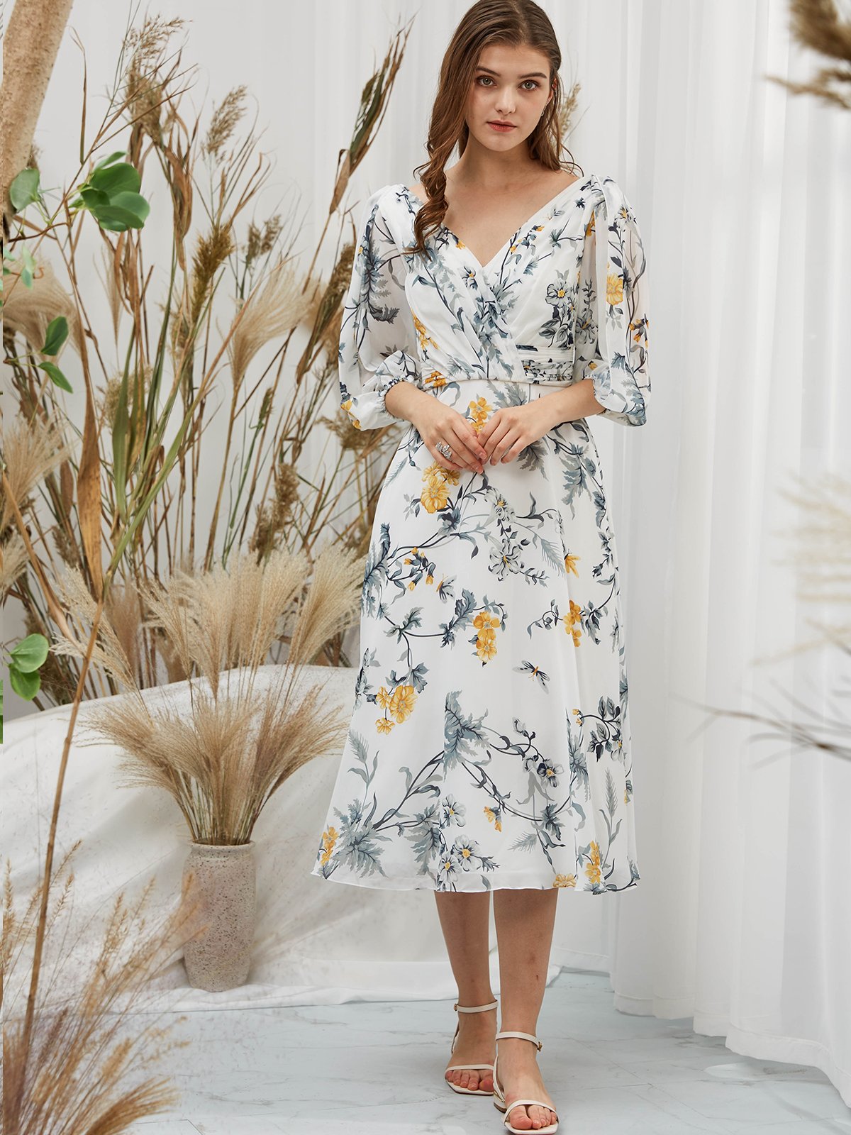 Short Puff Sleeves Chiffon V Neck Print Floral Ivory Tea Length Formal Dress