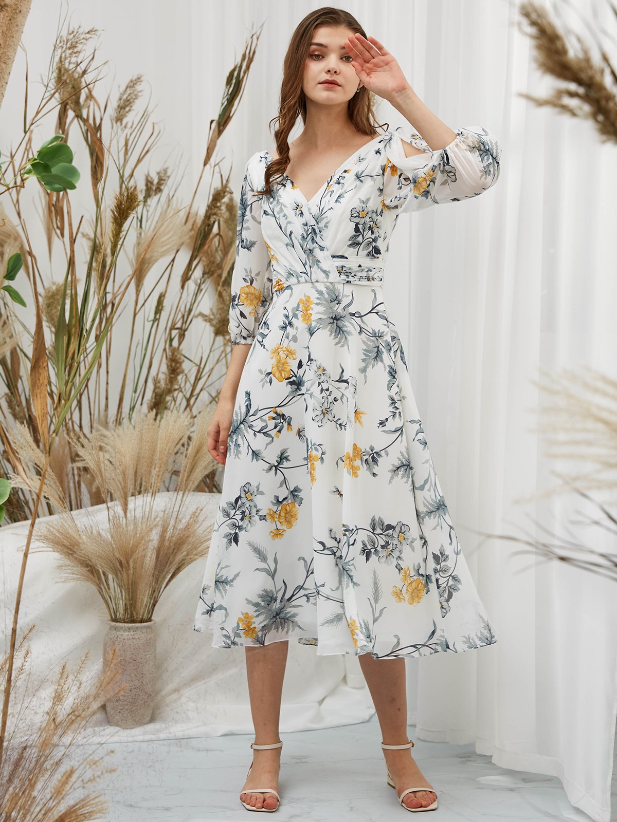 MissJophiel Women Short Puff Sleeves Chiffon V Neck Print Floral Ivory Tea Length Formal Dress Ivory / Floor Length / US16 MissJophiel Women Short Puff Sleeves Chiffon V Neck Print Floral Ivory Tea Length Formal Dress Ivory / Floor Length / US16