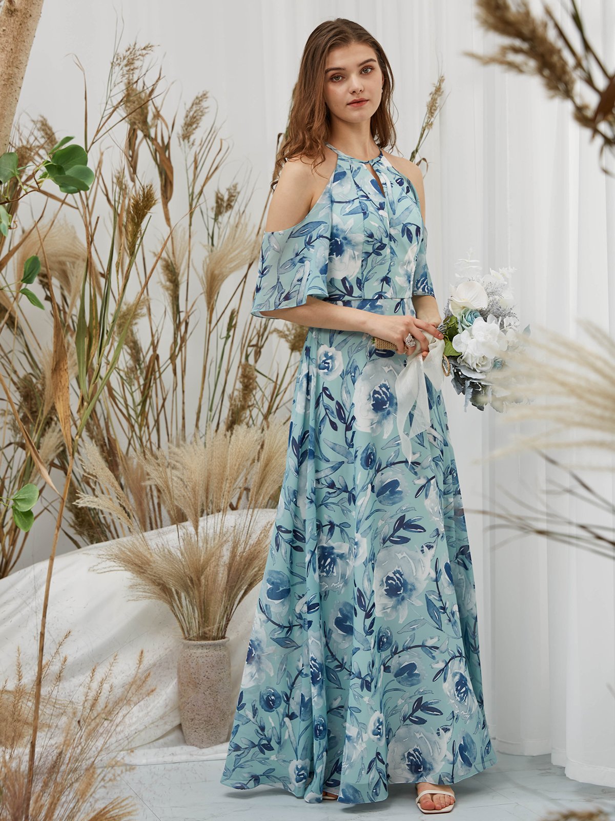 Halter Off the Shoulder Chiffon Print Floral Ivory Steel Blue Floor Length Formal Gown