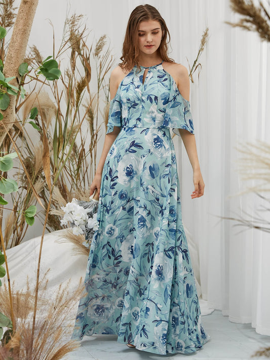 MissJophiel Halter Off the Shoulder Chiffon Print Floral Ivory Steel Blue Floor Length Formal Gown