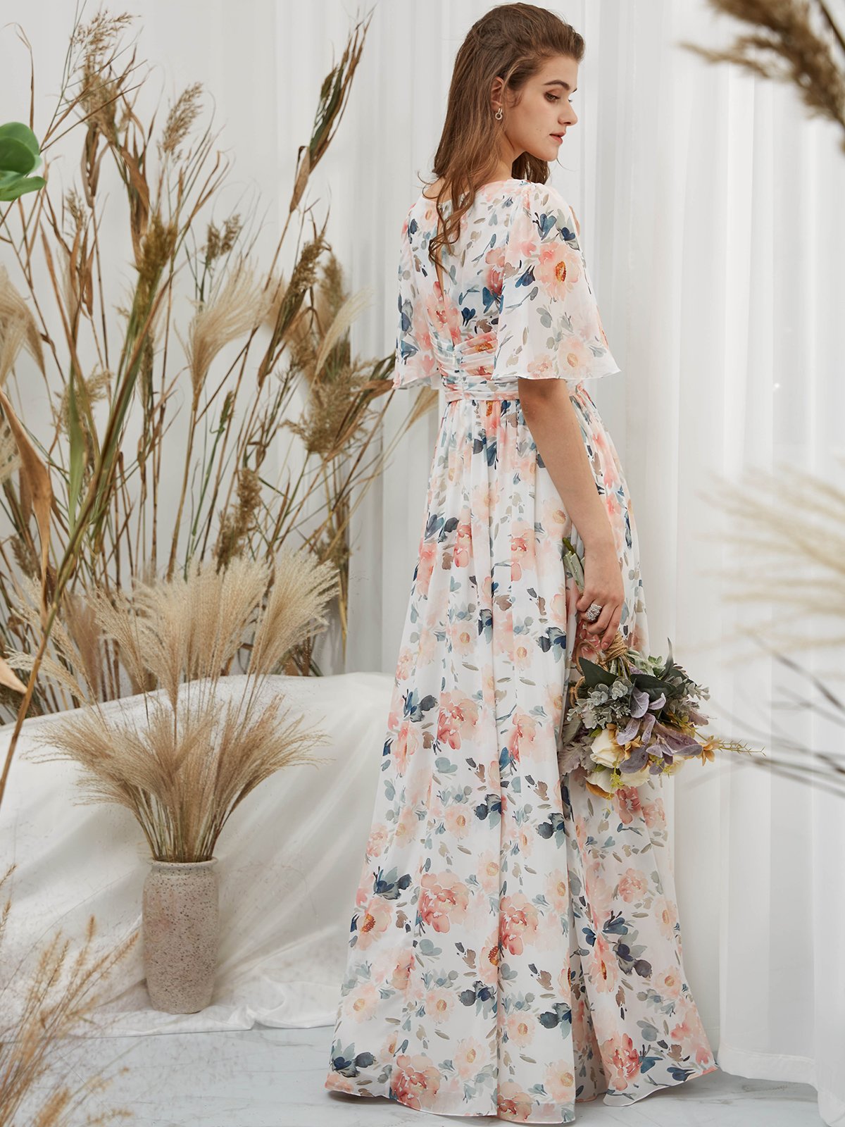 MissJophiel Short Sleeves V Neck Chiffon Print Floral Peach Floor Length Formal Gown