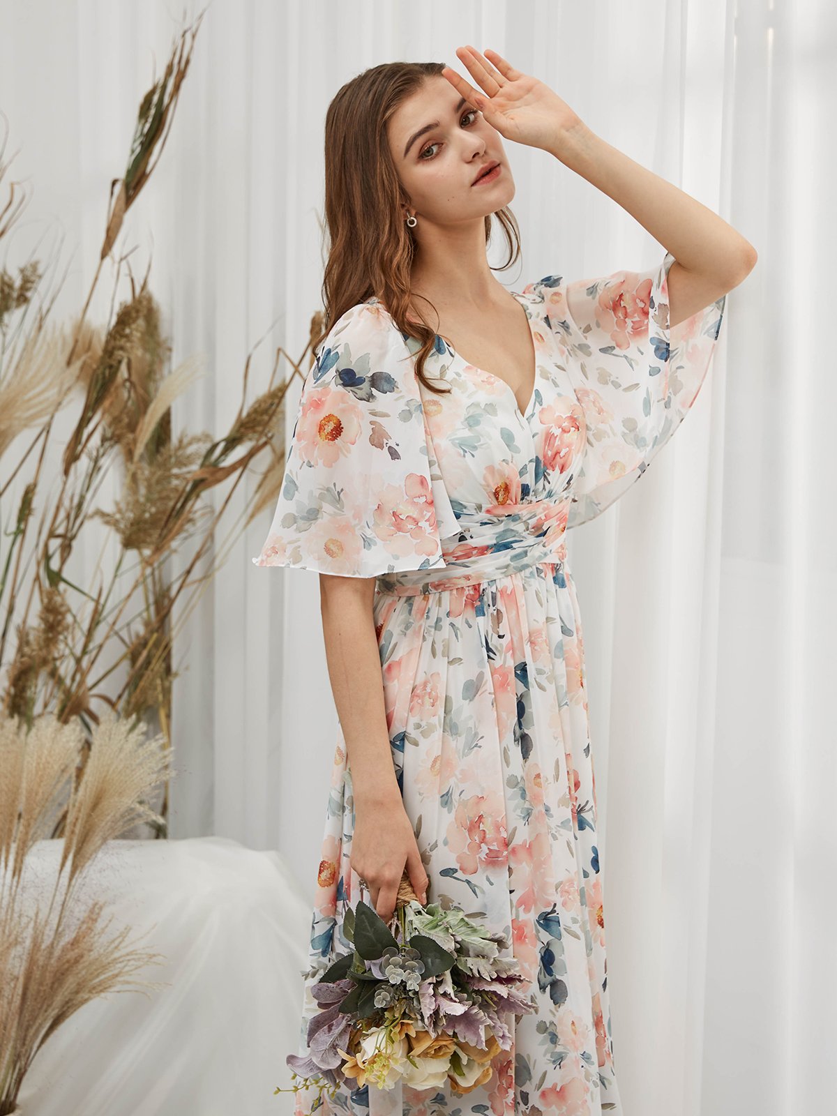 Short Sleeves V Neck Chiffon Print Floral Peach Floor Length Formal Gown
