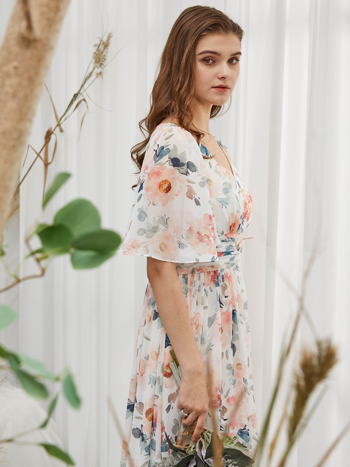 Short Sleeves V Neck Chiffon Print Floral Peach Floor Length Formal Gown