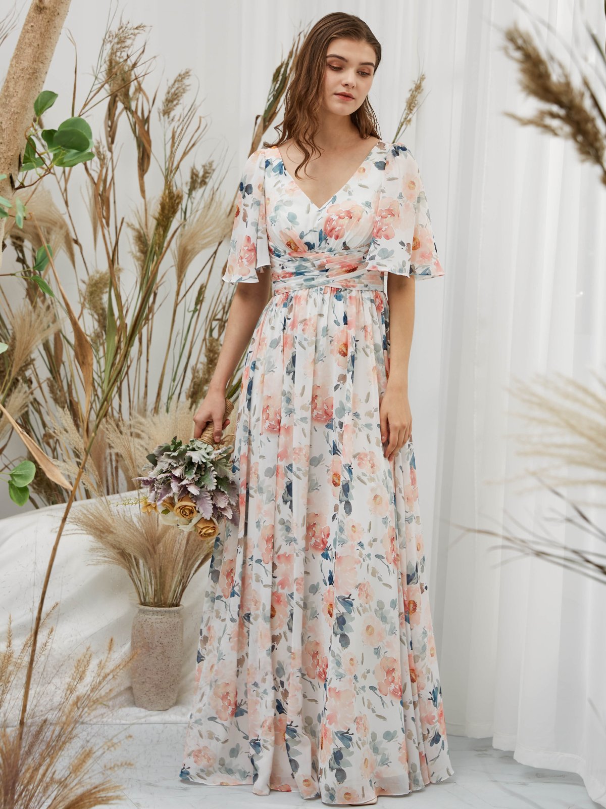 MissJophiel Short Sleeves V Neck Chiffon Print Floral Peach Floor Length Formal Gown
