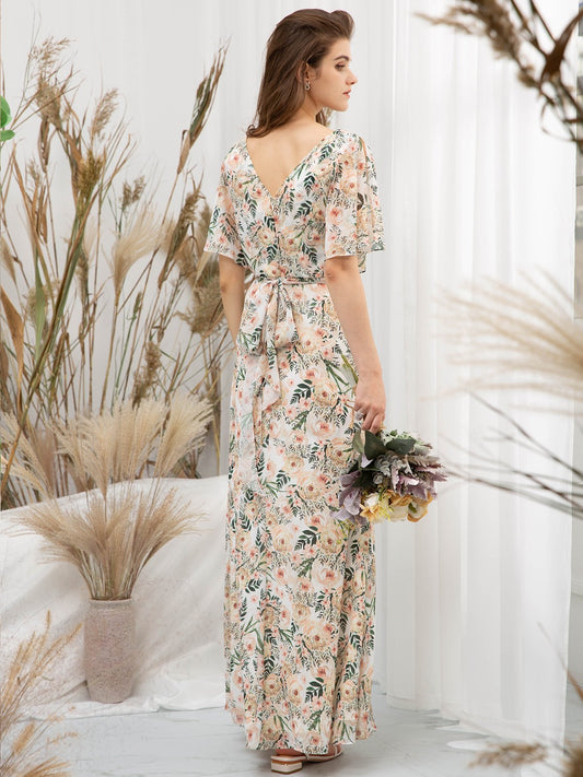 MissJophiel Bat Sleeves V Neck Chiffon Print Floral Khaki Floor Length Formal Gown