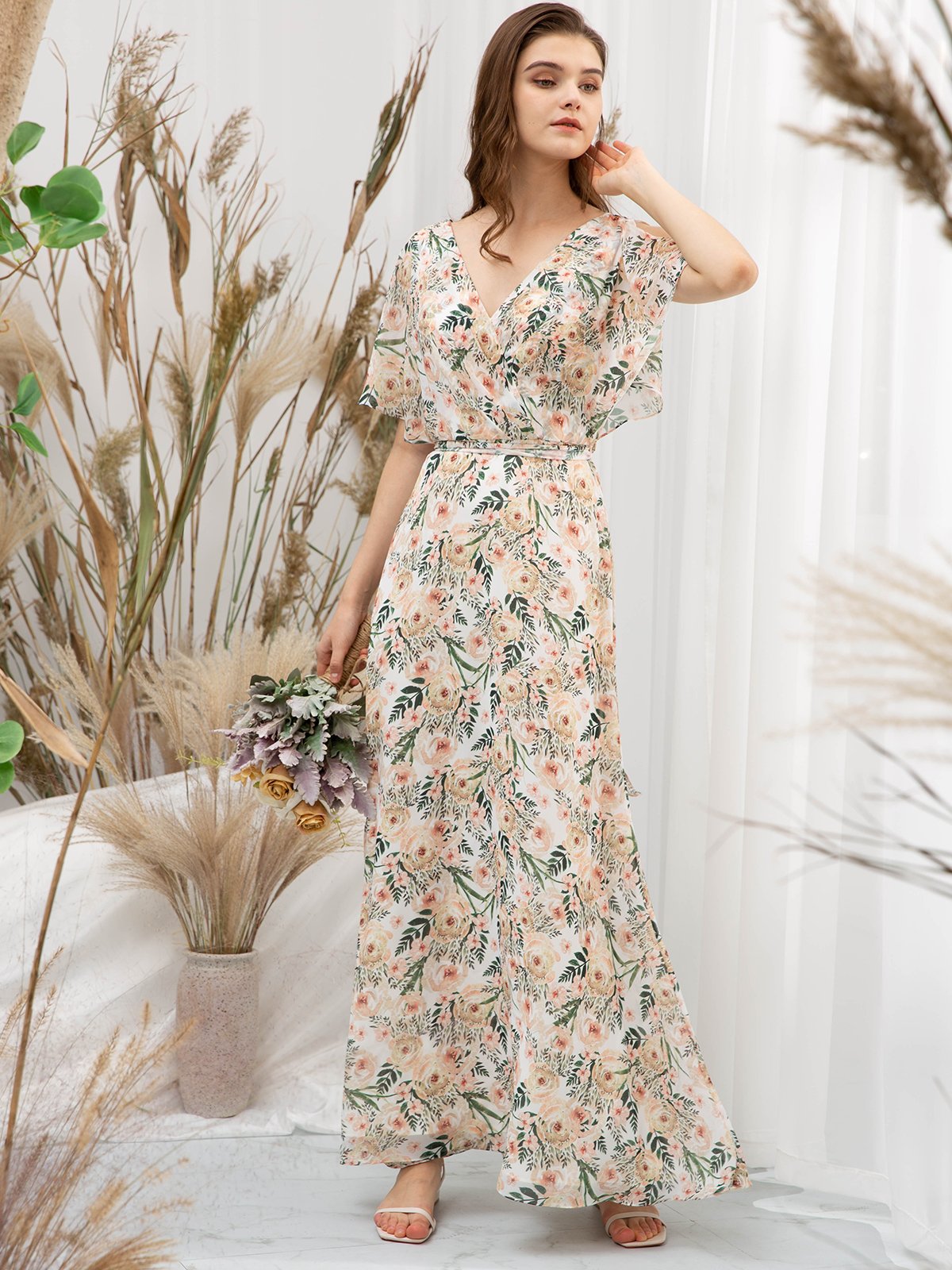 Fledermausärmel V-Ausschnitt Chiffon-Print Floral Khaki Bodenlanges formelles Kleid